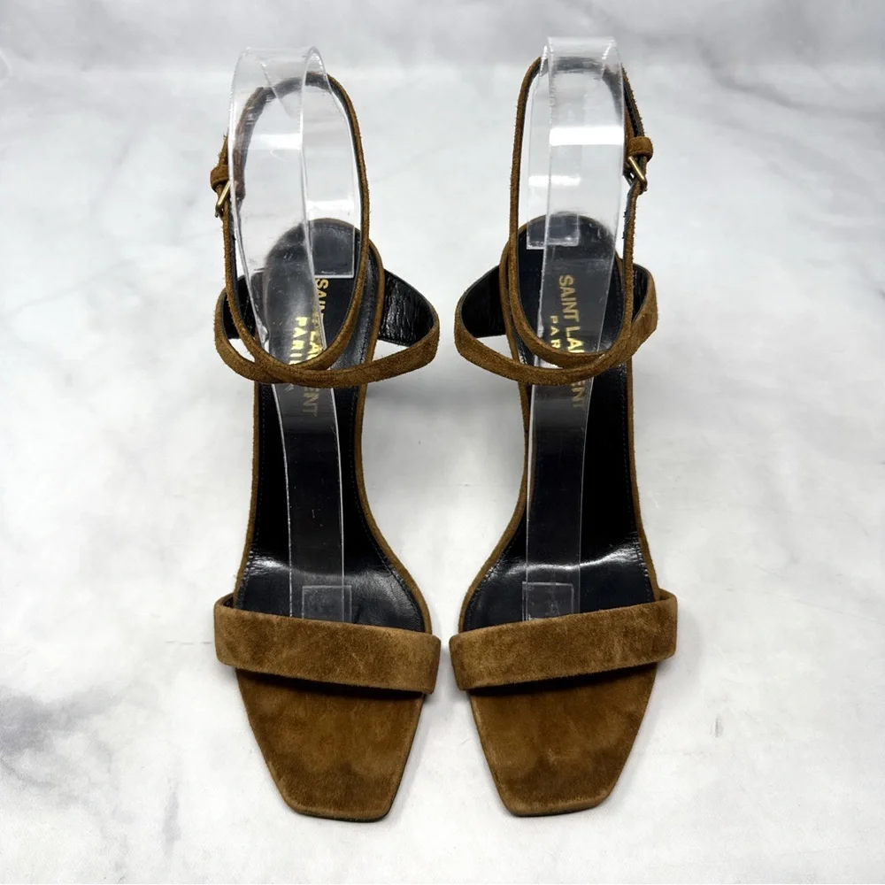 Saint Laurent Bea Bow Suede Square Toe Ankle Wrap Strap Sandal Heels Brown 37 - Picture 6 of 14